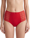 Women's red high-waist hipster brief featuring soft cotton front and back panels, sheer lace side inserts, scalloped lace edges, and a satin bow at the center front.