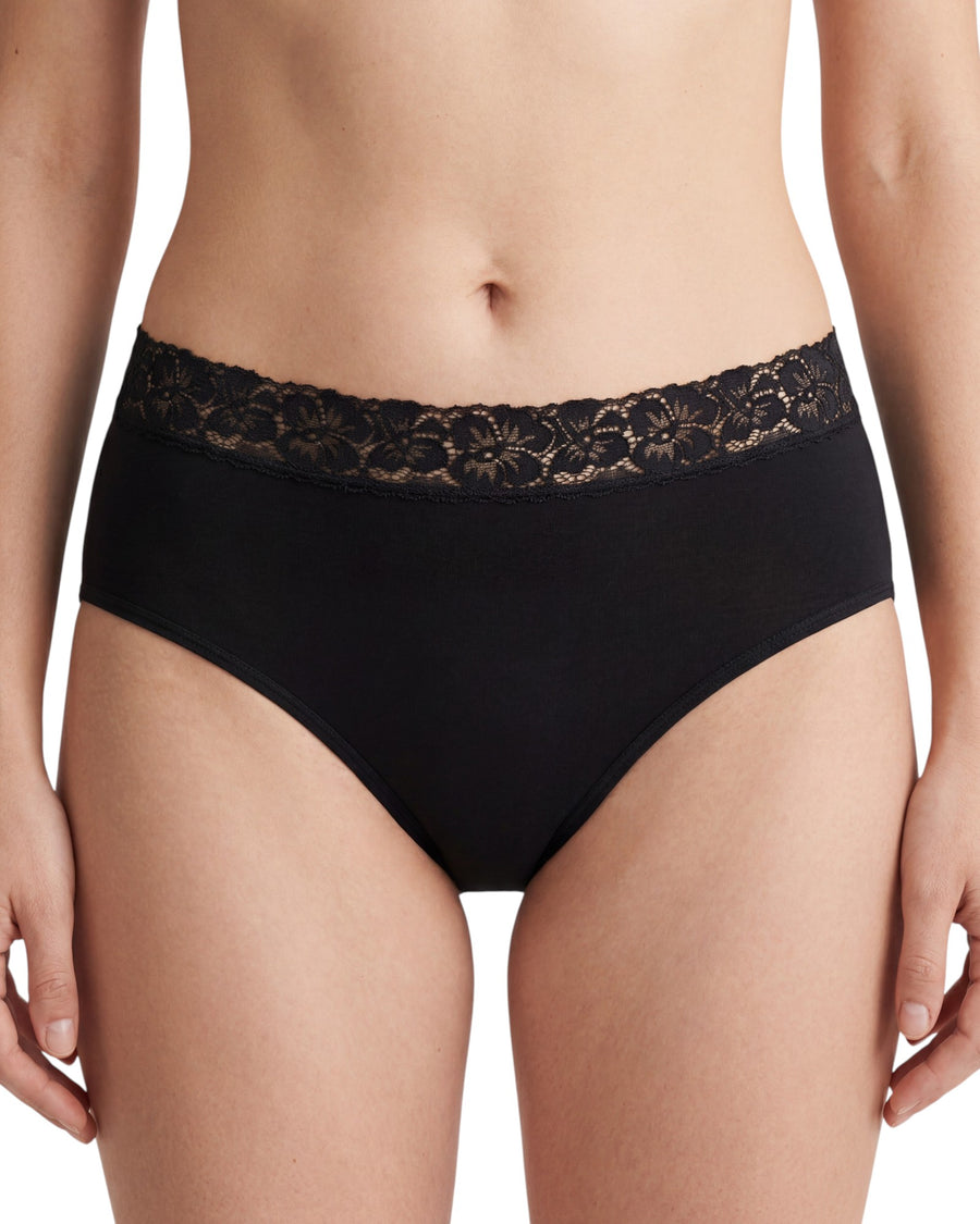 Women's black mid-rise cotton brief featuring a floral lace waistband, smooth cotton front panel, ribbed back fabric, and moderate back coverage.