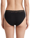 Women's black mid-rise cotton brief featuring a floral lace waistband, smooth cotton front panel, ribbed back fabric, and moderate back coverage.