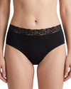 Women's black mid-rise cotton brief featuring a floral lace waistband, smooth cotton front panel, ribbed back fabric, and moderate back coverage.
