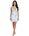 Women's light blue satin nightdress featuring a V-neckline with floral lace trim, lace underbust detail