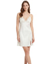 Women's satin sleepwear set featuring an ivory lace-trim chemise with adjustable straps and a matching dark green floral print satin robe.