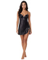 Black satin slip nightdress with contrast piping, side slit, and crisscross back straps.