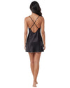 Black satin slip nightdress with contrast piping, side slit, and crisscross back straps.