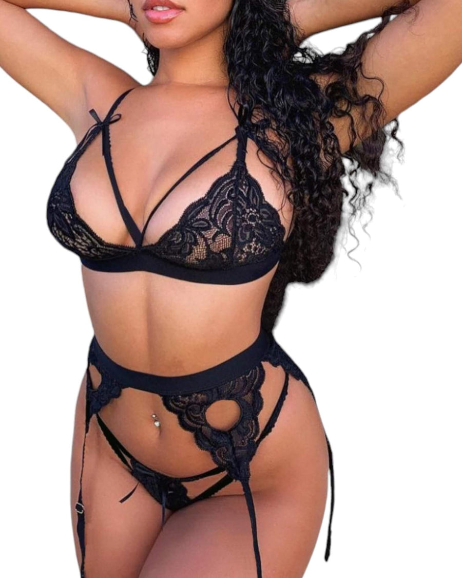 Shop Ellina Women's 3-Piece Lace Lingerie Set in black with intricate lace bralette, matching thong, and garter belt. Perfect for romantic or stylish wear.