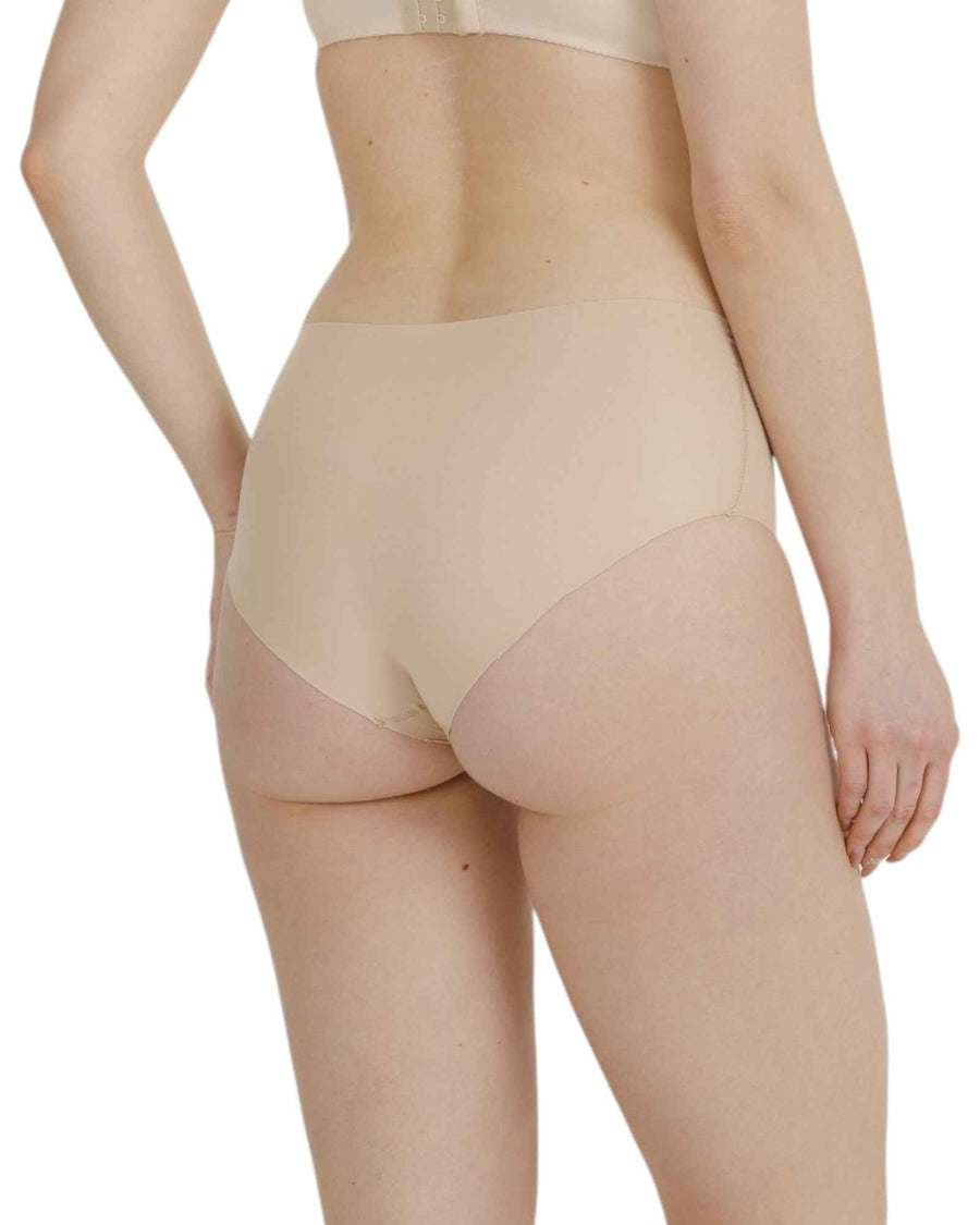 Rear view of nude seamless high-waisted brief with no visible panty lines. Comfortable shaping lingerie for a flawless fit under any outfit.