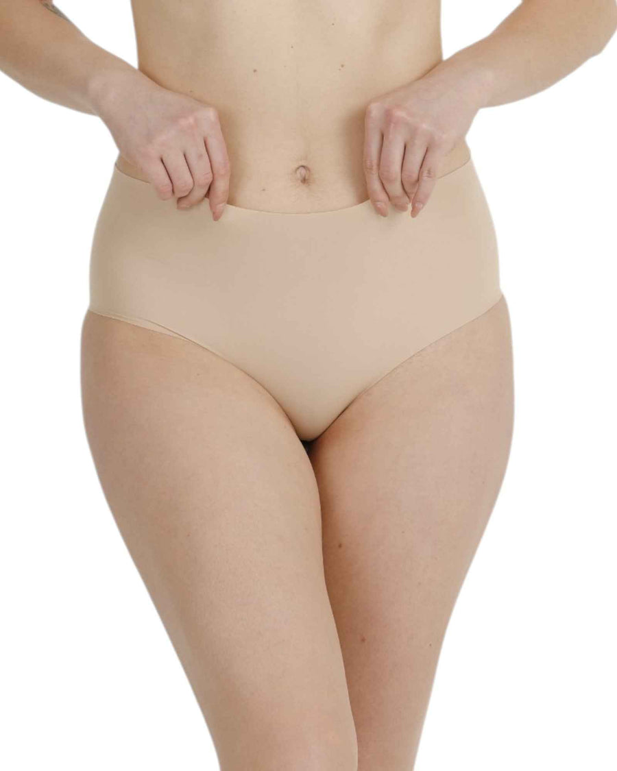 Nude high-waisted seamless brief offering full coverage and tummy-smoothing support. Breathable shapewear for daily wear and invisible under clothes.