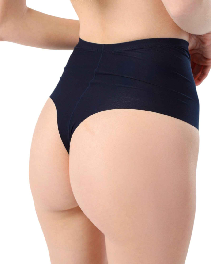 Back view of the High-Waisted Seamless Thong Panty showing shaping fit and seamless finish, ideal for plus size and everyday shapewear.