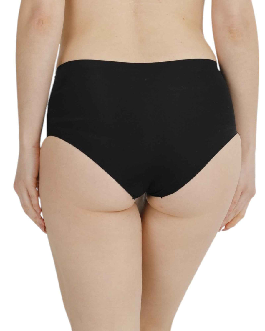 Back view of black full-coverage high-waisted seamless brief with smooth, no-show design. Perfect shaping underwear for a sleek silhouette.