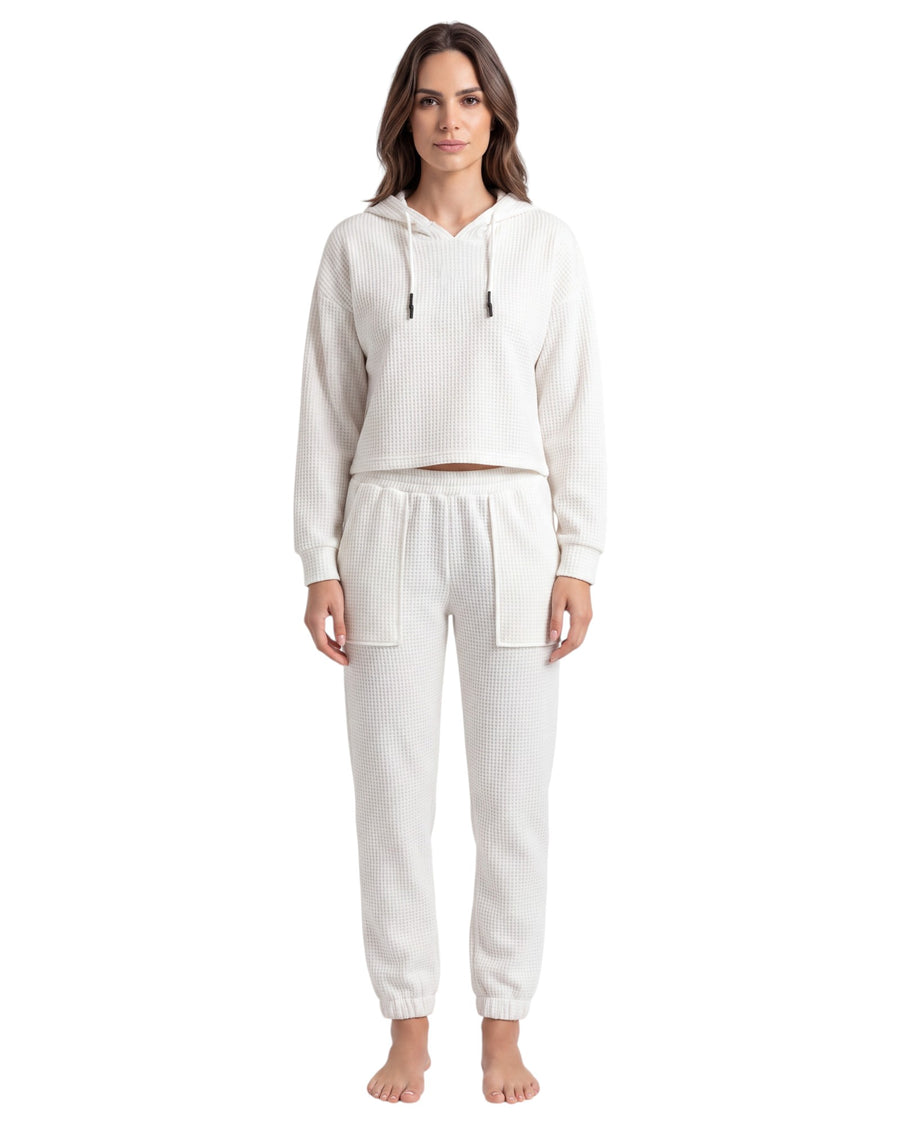 Women’s waffle hooded set with long-sleeve top and matching jogger pants