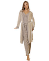 Woman in grey loungewear set with striped robe 