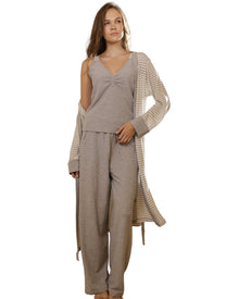  Woman in grey loungewear set with striped robe 
