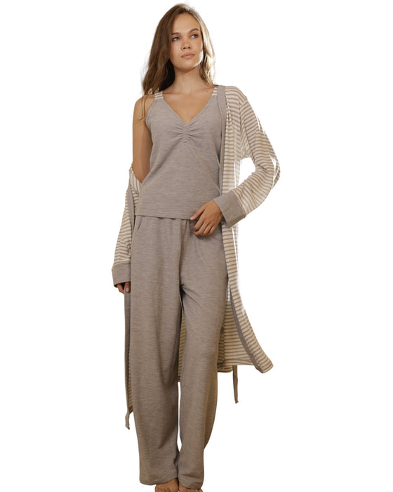 Woman in grey loungewear set with striped robe 