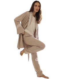  Woman wearing a beige loungewear set with lace details