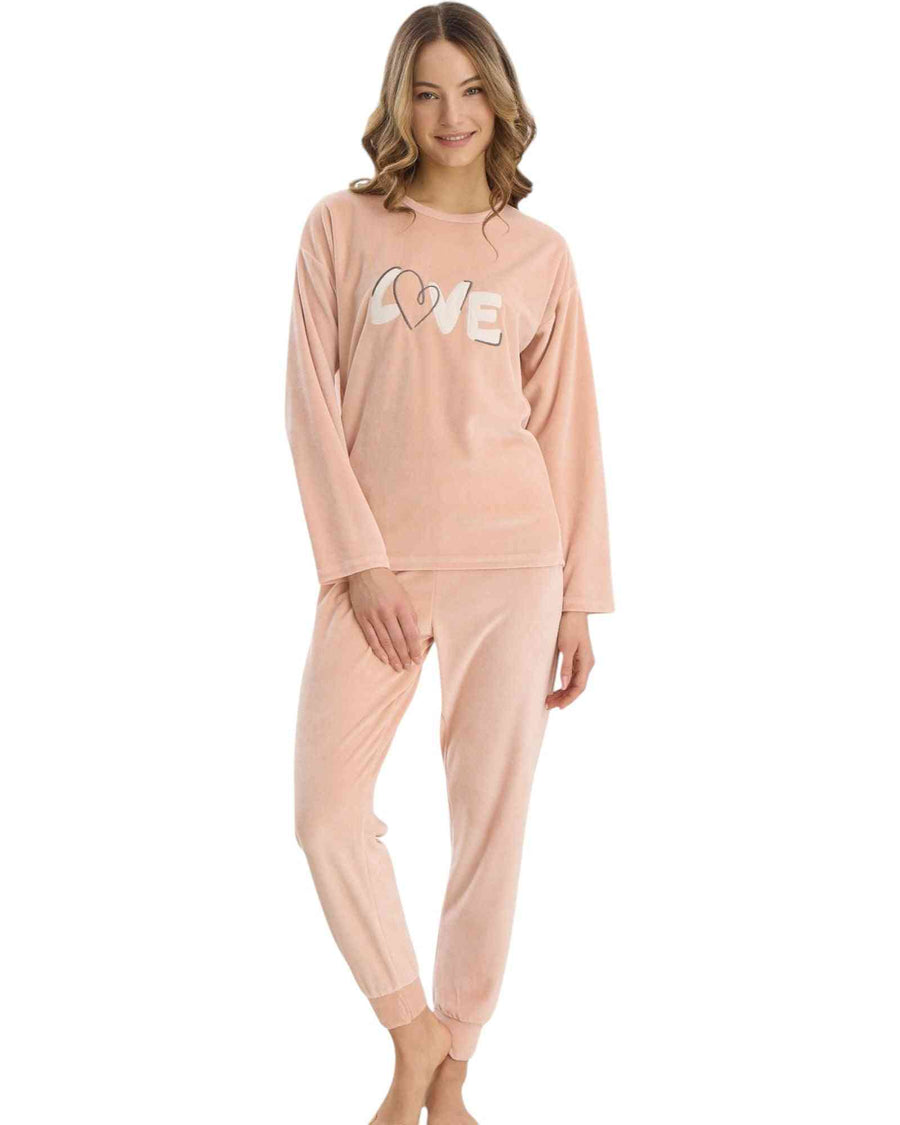 Shop Velvet Love Pajama Set Online in blush pink with 'LOVE' heart print, long sleeves and jogger-style pants, perfect for cozy winter nights.