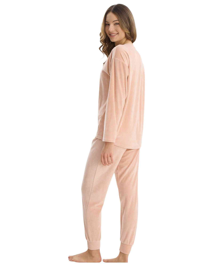 Velvet Love Pajama Set in soft pink shown from the back, featuring relaxed fit and cuffed ankles for stylish fall-winter sleepwear comfort.