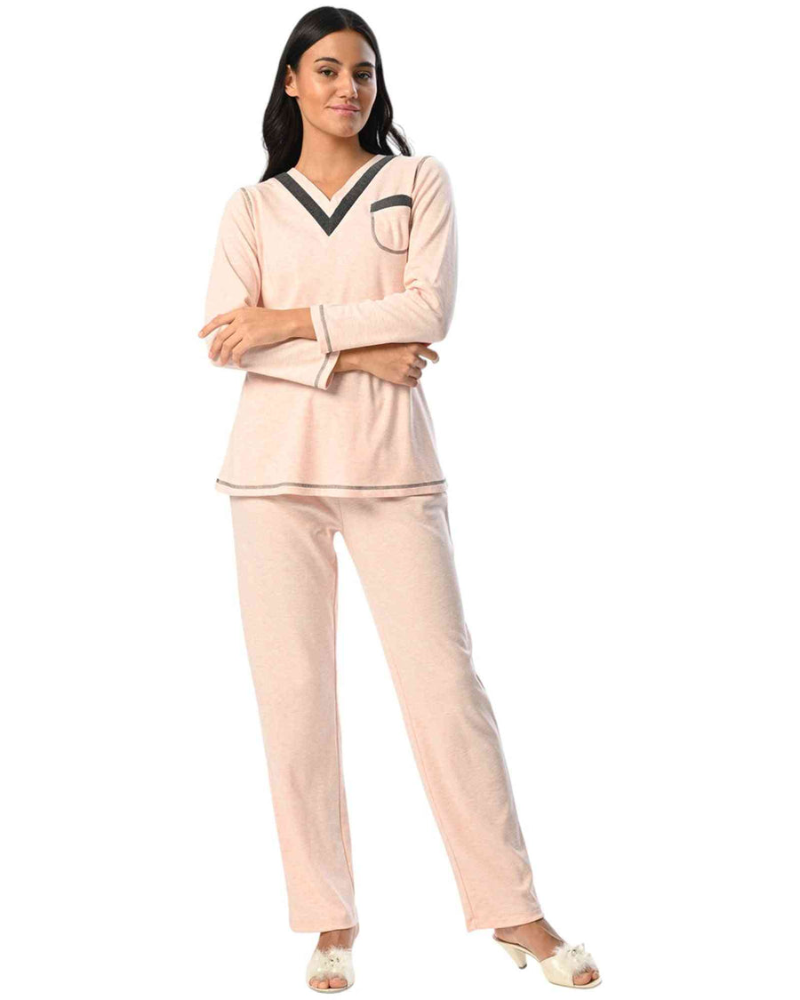 Elegant blush pink pajama top and pants with dark contrast trim from the 3 Piece Contrast Trim Pajama Set, perfect for fall and winter comfort.