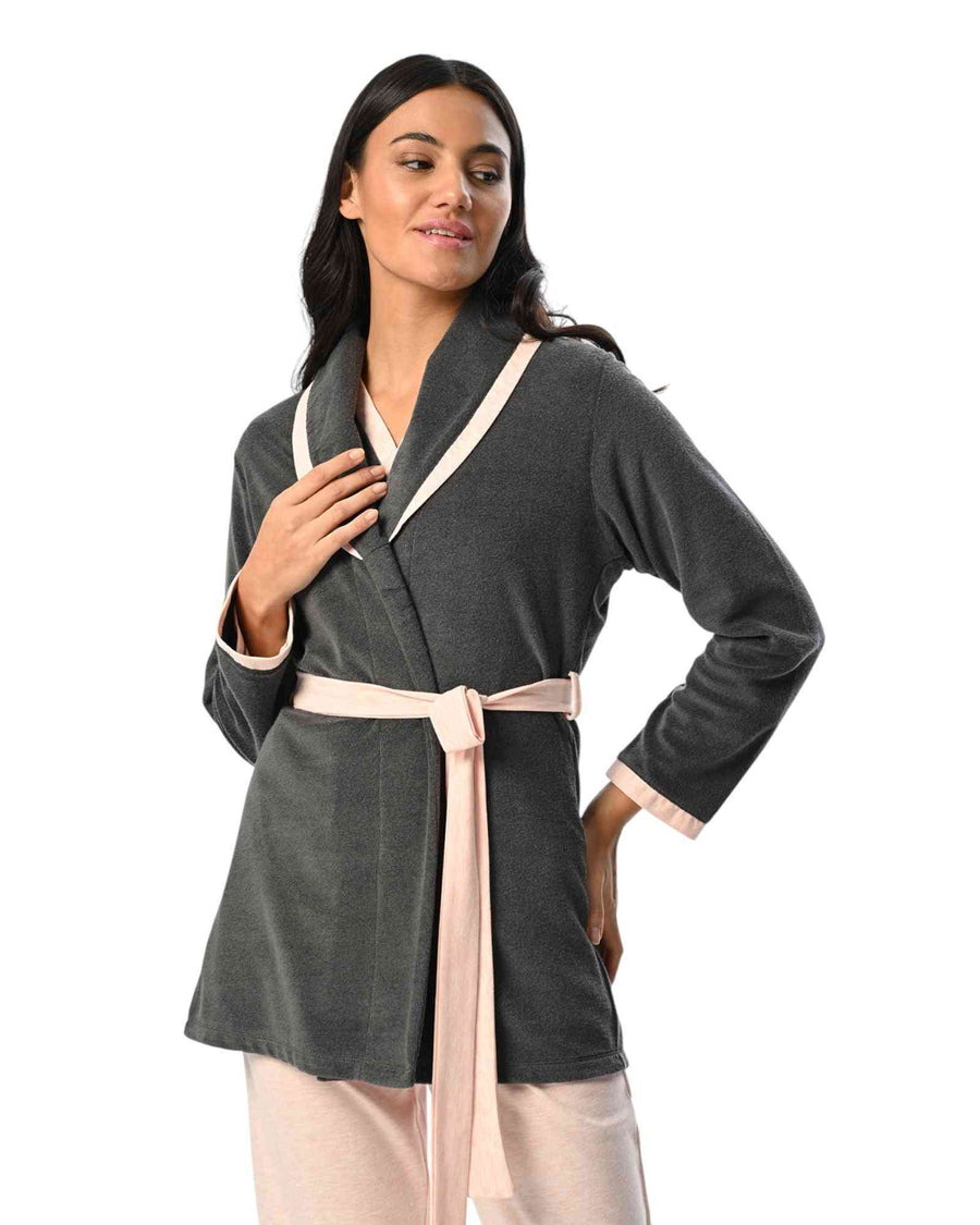 Shop 3 Piece Contrast Trim Pajama Set Online featuring a charcoal grey belted robe with blush pink trim, ideal for cozy winter loungewear.
