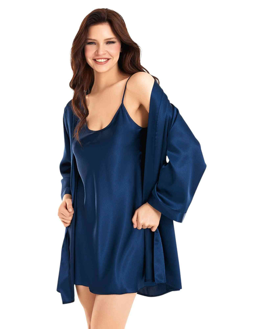 Shop Elegant Satin Nightwear Robe & Dress online in navy blue, featuring a silky slip dress and matching robe for luxurious nighttime comfort.