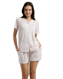  Women's Pink Striped Button-Down Shirt & Shorts Sleepwear Set