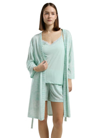  Women’s Mint Green Cami Shorts Nightwear Set with Printed Robe