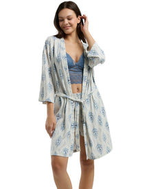  Women's Blue Lace Bralette & Printed Shorts Nightwear Set with Robe