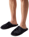 A pair of men's plush slip-on slippers in black with a gray textured trim
