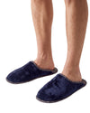 A pair of plush navy blue slip-on slippers with gray trim