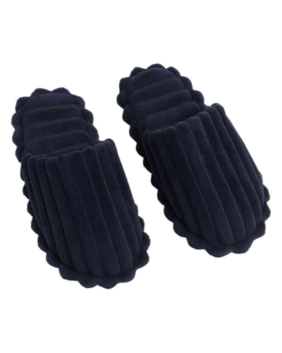 Shop Luxury Quilted Winter Slippers online featuring plush navy blue fabric and scalloped edges, ideal for cozy indoor wear during cold seasons.