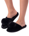 Black fuzzy slip-on slippers with large pom-pom details