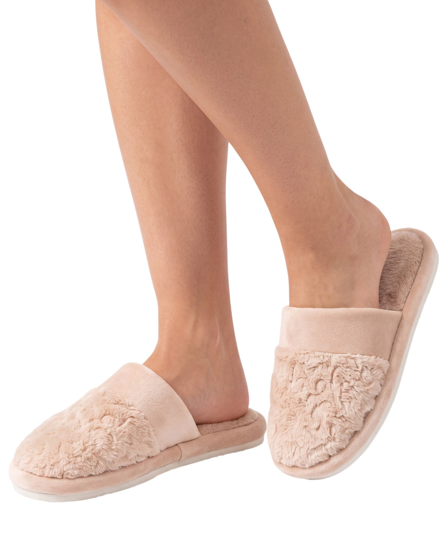 A pair of light beige plush slip-on slippers with textured floral embroidery on the upper