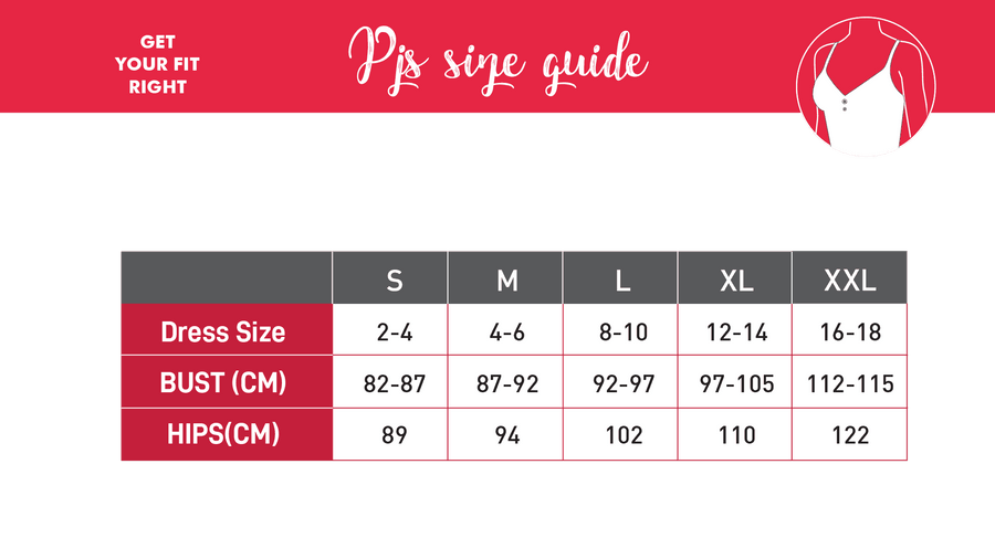 Pajama Party Plaid Sleepwear Set size guide chart with dress sizes, bust, and hips measurements in cm for S to XXL, helping you find the perfect fit.