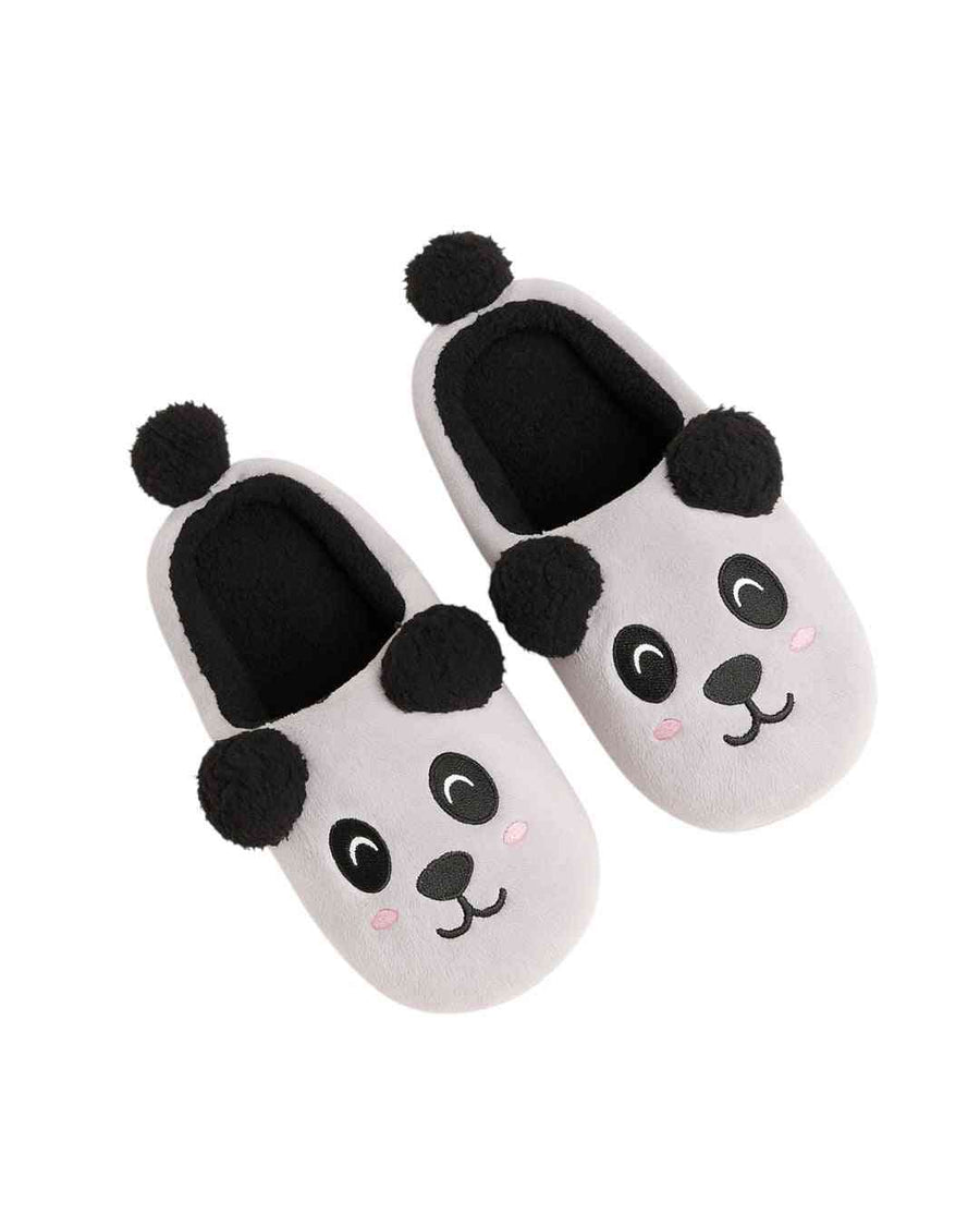 Shop Adorable Winter Slippers Online featuring plush panda face design with black ears and pom-poms. Cozy footwear for fall and winter comfort.