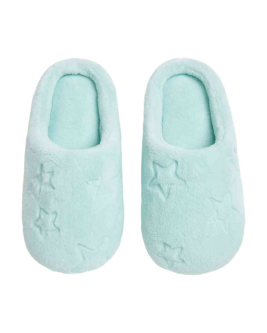 Shop Star Winter Slippers online in aqua blue plush with embossed star design. Cozy, ultra-soft indoor slippers for warmth and comfort at home.