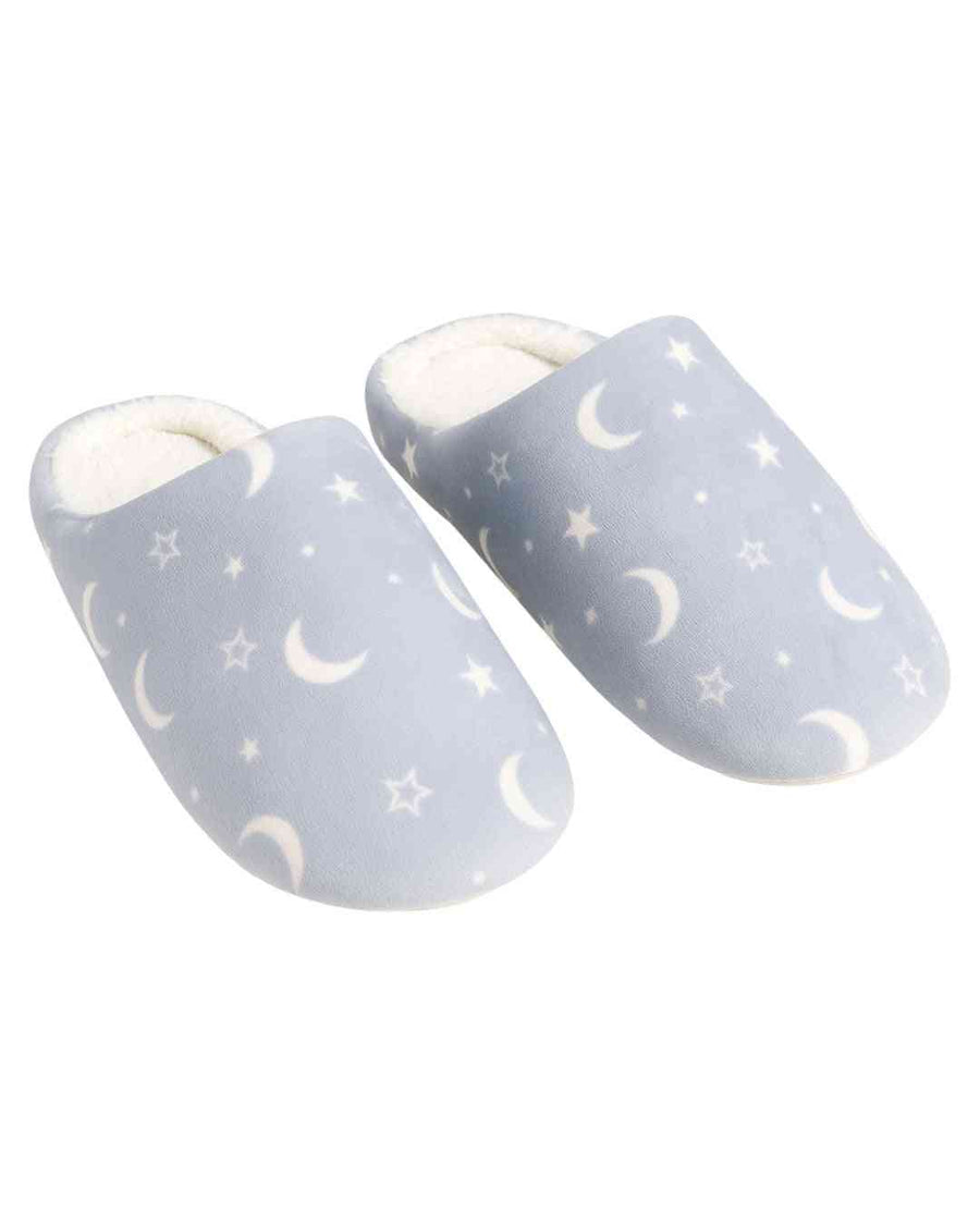 Shop Light Blue Moon & Star Slippers online featuring a cozy fleece lining and celestial print, perfect for winter comfort and indoor wear.