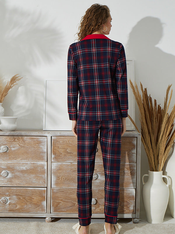 Plaid Pajama Set with Long Pants and Matching Long Sleeve Top Featuring Front Buttons
