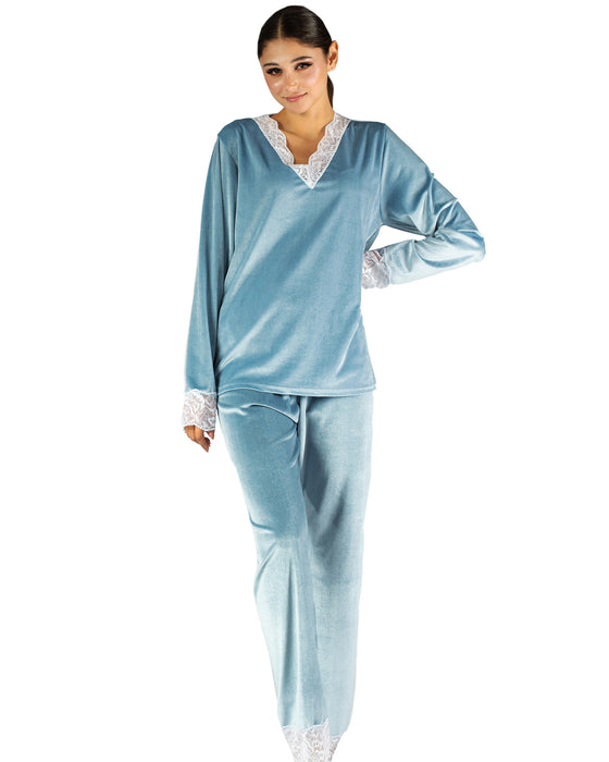 Velour Sleepwear Set with Embroidery Detail and Matching Pants