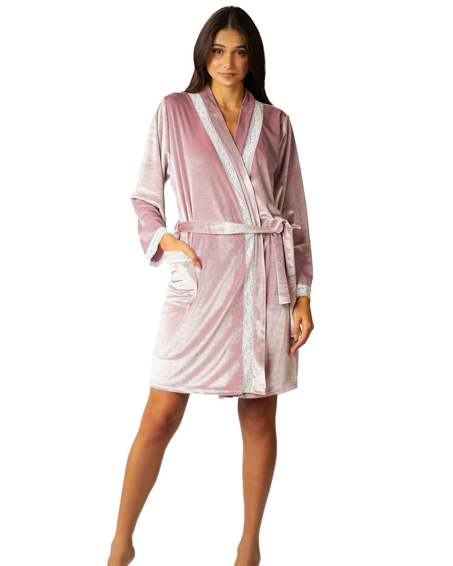 Front view of matching velour robe with lace trim and belt, part of the embroidered V-neck lounge set for cozy and elegant sleepwear.