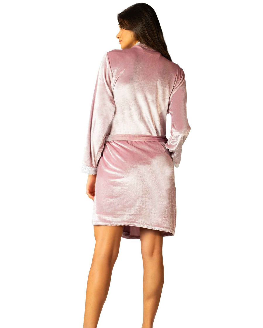 Back view of blush pink velour robe from the embroidered V-neck lounge set, showcasing soft texture and relaxed fit for sleepwear comfort.