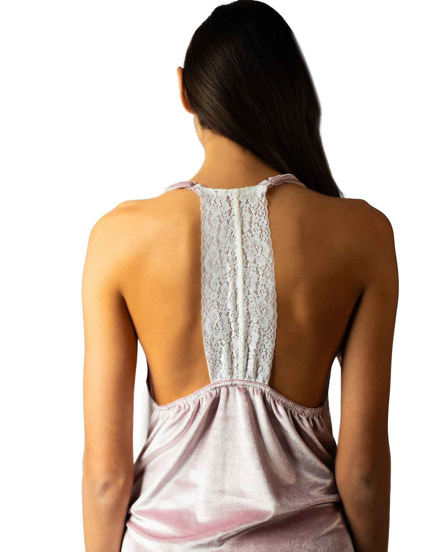 Close-up of racerback lace detail on velour embroidered V-neck dress, part of the luxurious lounge set for stylish sleepwear.