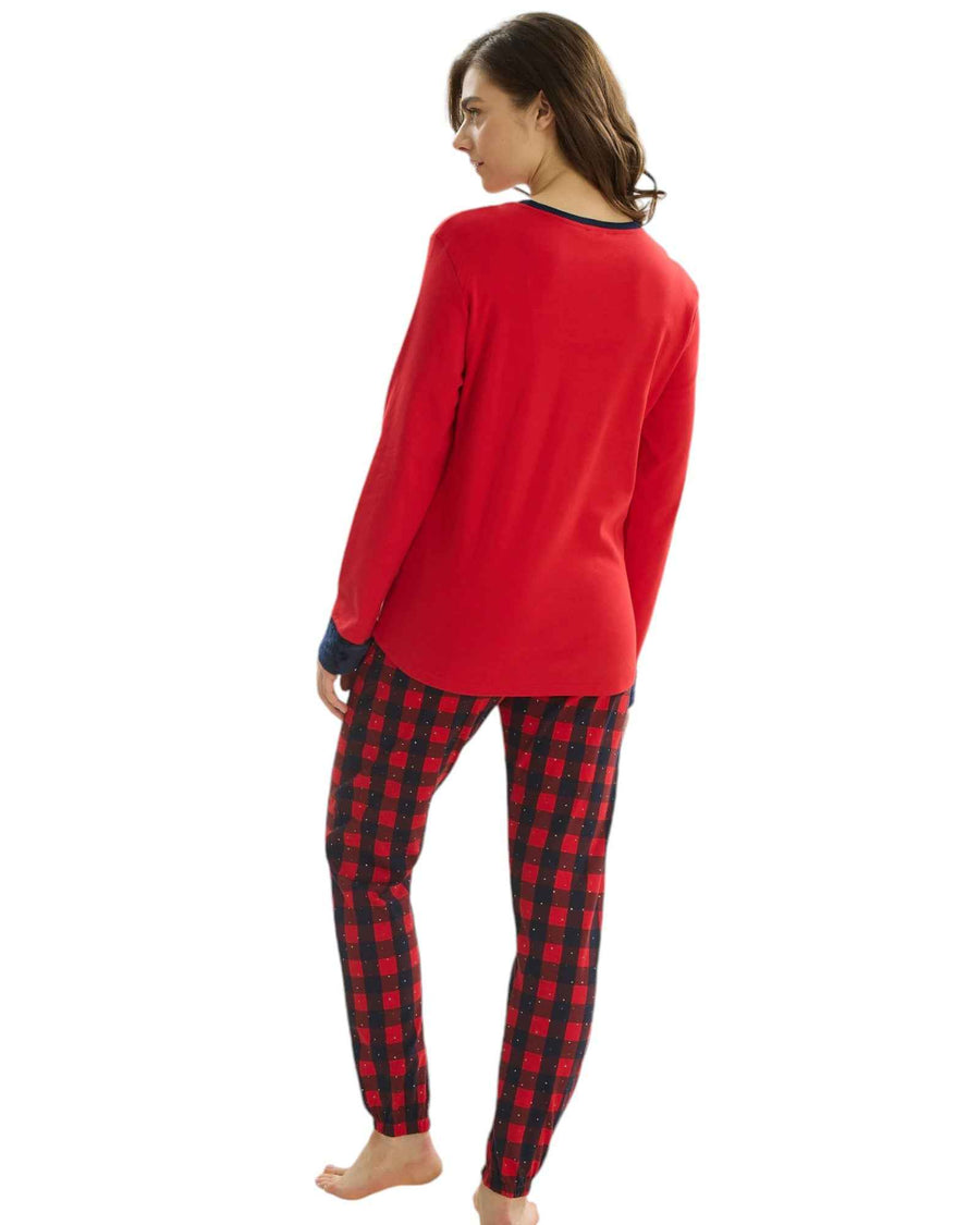Back view of the Pajama Party Plaid Sleepwear Set showing the relaxed fit of the red top and matching plaid pajama pants, perfect for lounging in style.