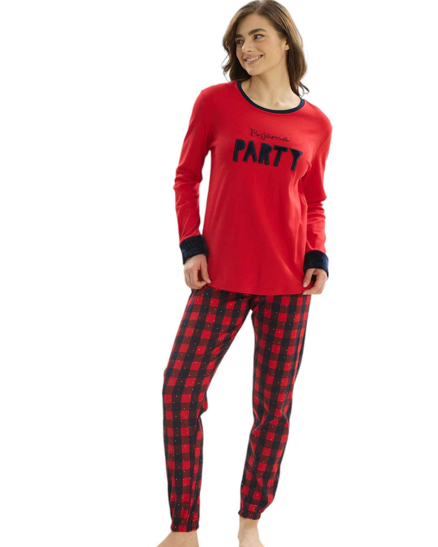 Shop Pajama Party Plaid Sleepwear Set Online featuring a red long-sleeve top with 'Pajama Party' text and red-black plaid pants, ideal for cozy nights.