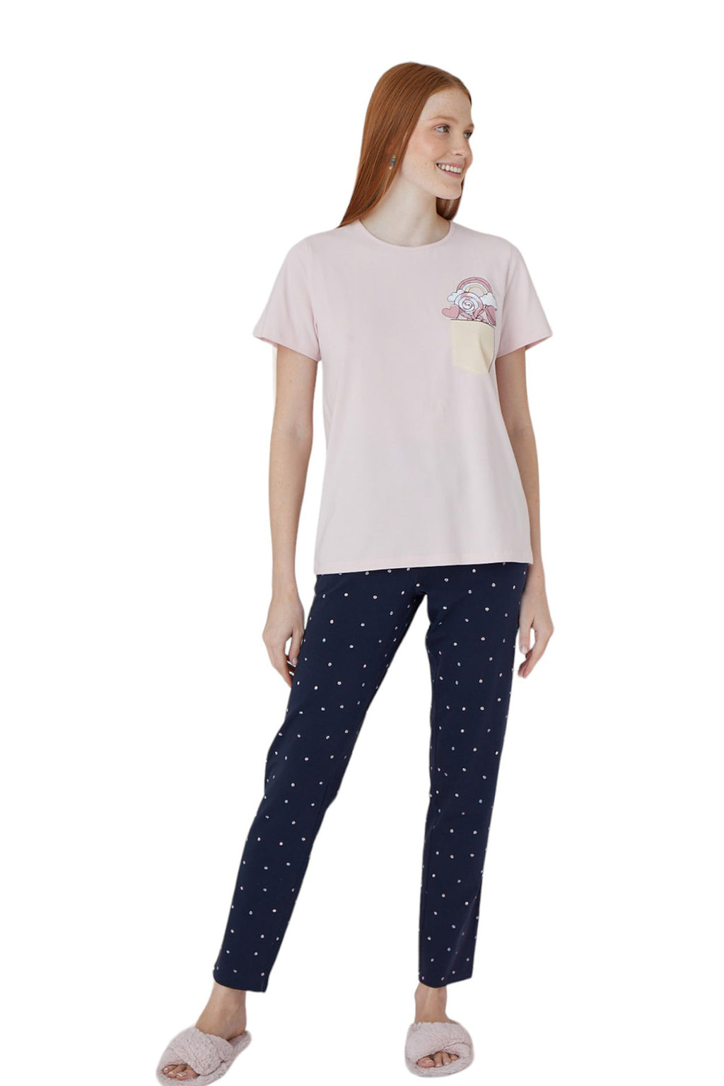 Dotted Sleepwear Pants with Plain Short Sleeve Top