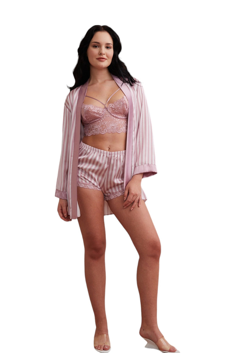 Short Satin Baby Doll Robe with Hand-Laced Design and Plain Back