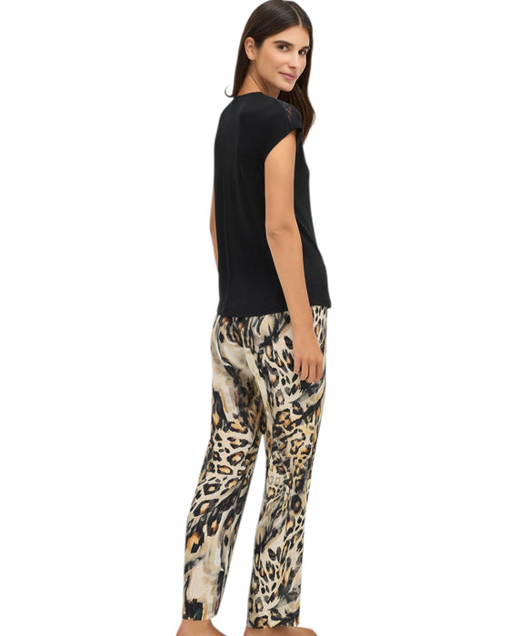Women's Black Lace Top & Leopard Print Pajama Set