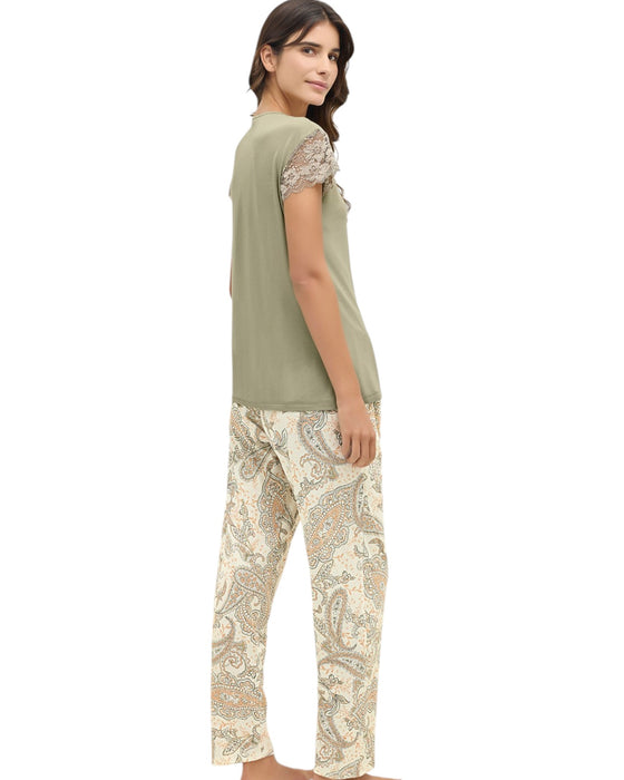 Sage Green Lace Top & Printed Pajama Set for Women