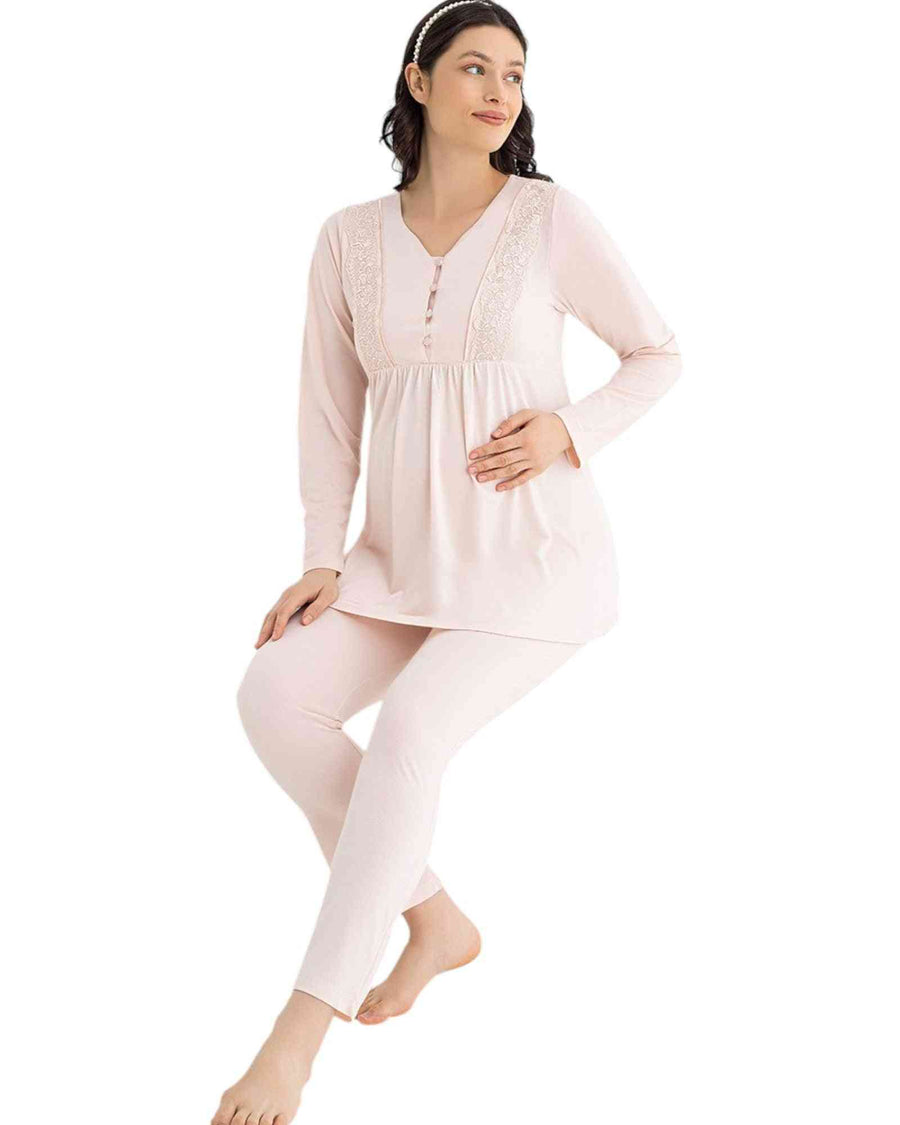 Blush pink Elegant Lace-Trimmed Maternity Pajama Set from Ellina 2025 collection, designed for comfort and nursing ease during pregnancy and postpartum.