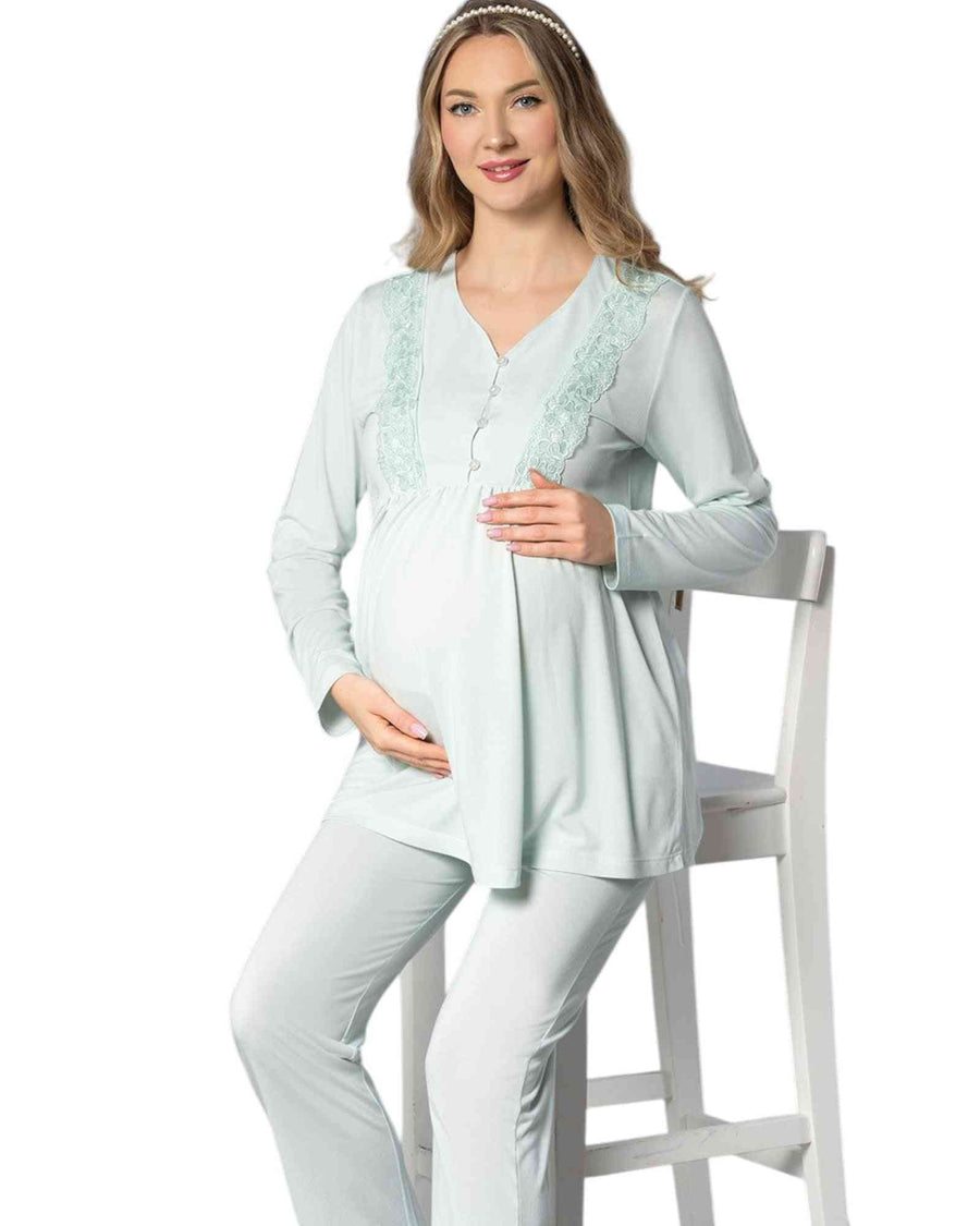 Shop Ellina 2025 Soft & Stylish Sleepwear for Moms-to-Be Online with this mint green lace-trimmed maternity pajama set featuring long sleeves and nursing access.