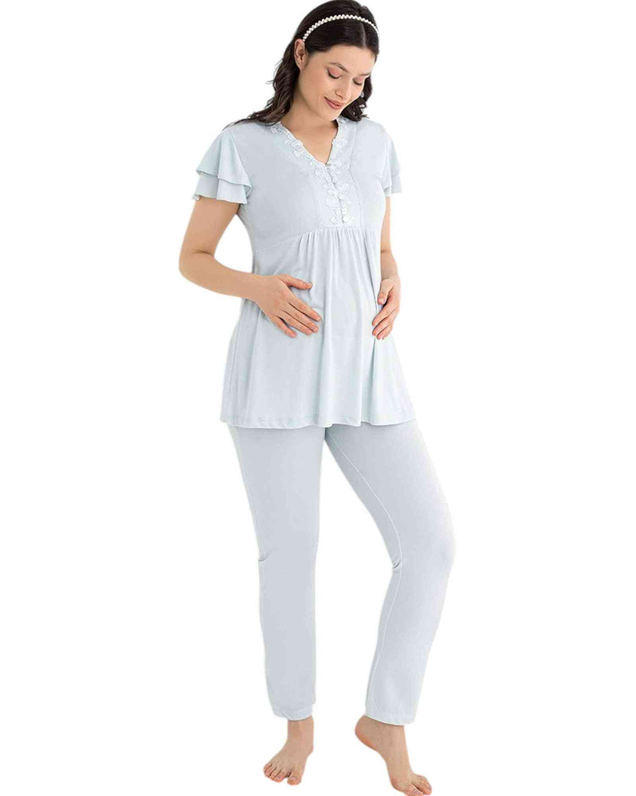 Shop Ellina 2025 mint green short sleeve maternity pajama set with lace trim and flutter sleeves. Features front-button nursing access and soft fabric.
