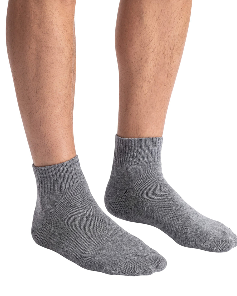 Men's grey cotton quarter socks featuring a soft knitted texture, ribbed cuffs, and a comfortable fit for everyday wear.